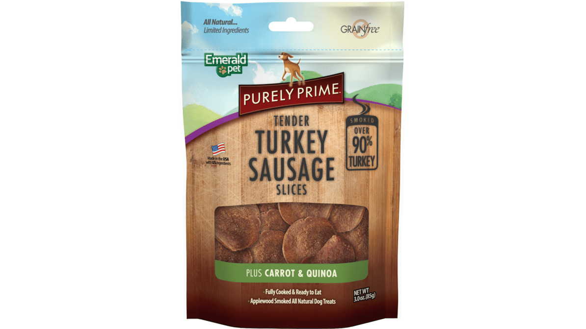 Emerald Pet Grain-Free Purely Prime Sausage Dog Treats Tender Turkey & Pumpkin Slices (3 oz)